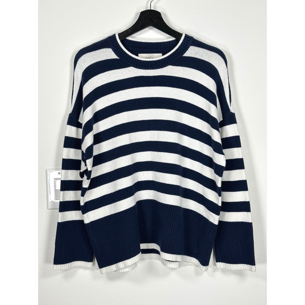 LOFT Womens Striped Crewneck Sweater Navy White Drop Shoulder Nautical Fisherman